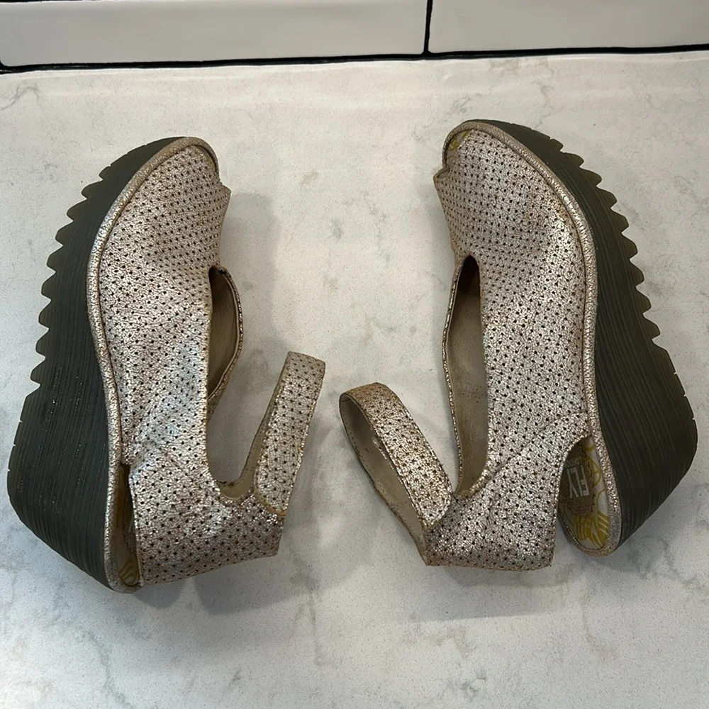 Fly London Yala Leather Perforated Wedges Gold Shimmer Size 9.5